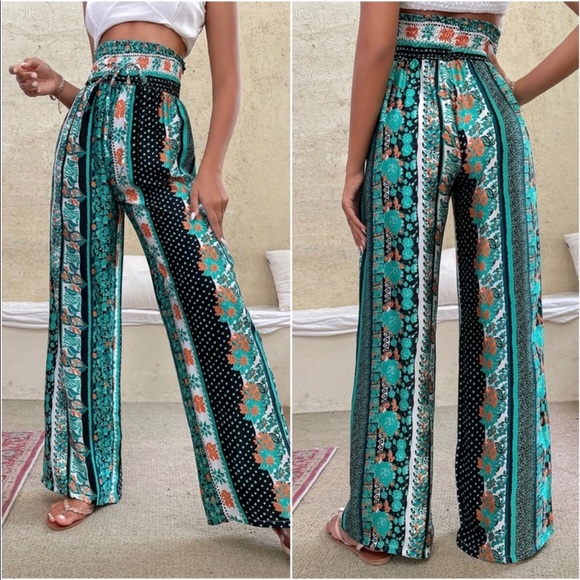 Boho Paisley Floral Polka Dot Print High Waist Rise Palazzo Wide Leg Pants - Picture 7 of 11